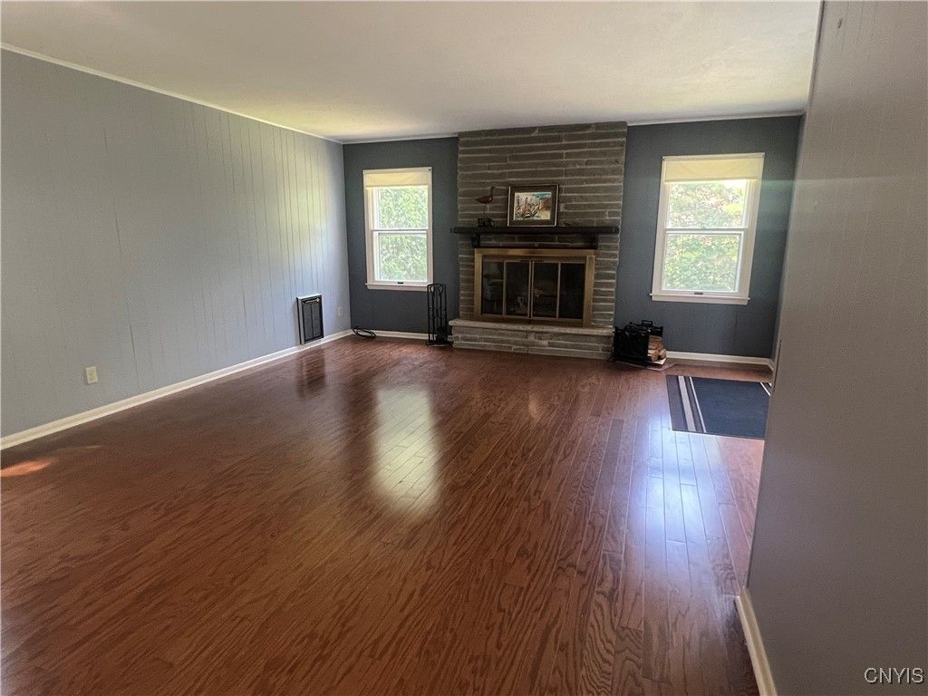 Empty room, Fireplace, Interior, Stone Walls, Wood Texture Flooring