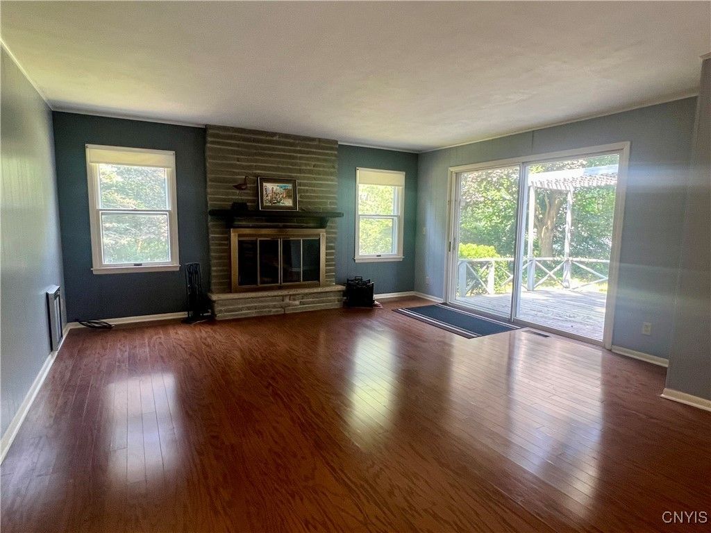 Empty room, Fireplace, Interior, Stone Walls, Wood Texture Flooring
