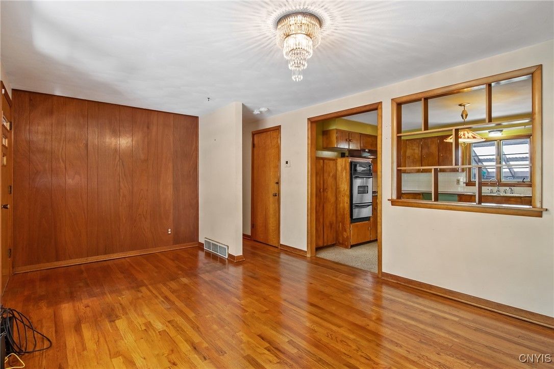 Chandelier, Empty room, Interior, Kitchen, Stainless Steel Appliances, Wood Texture Flooring
