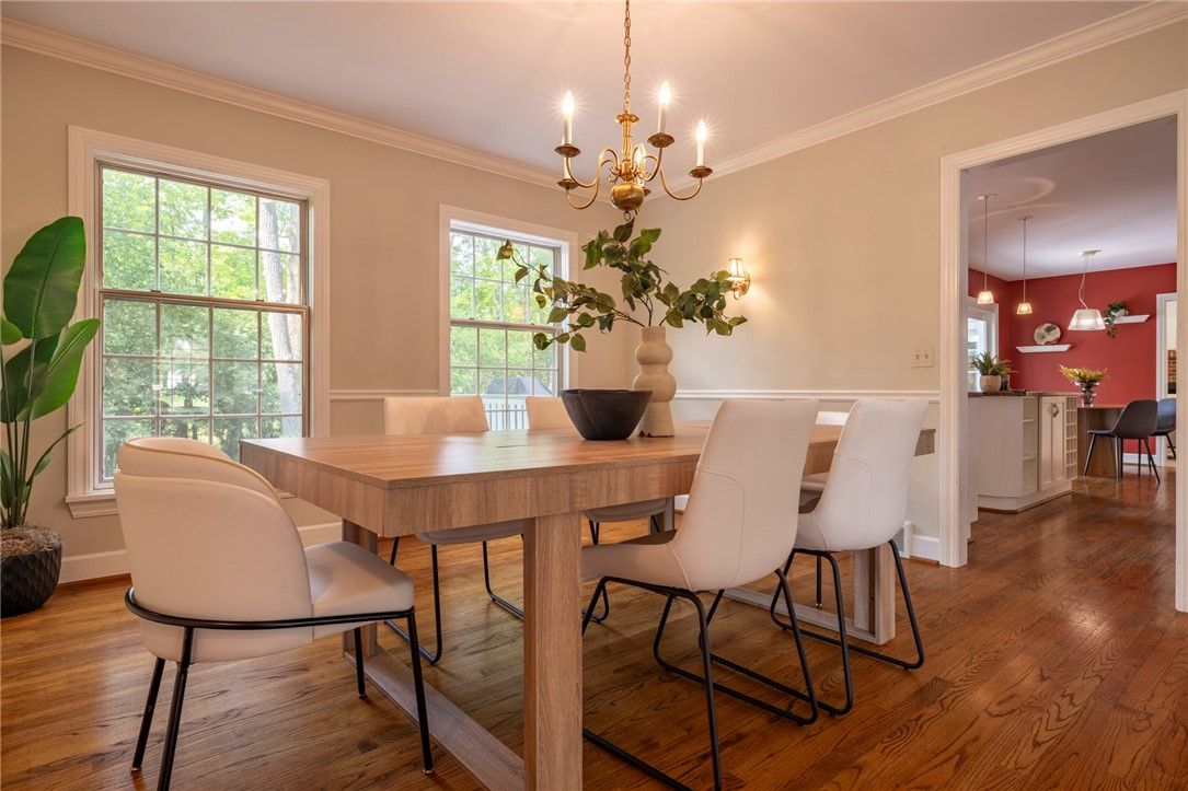 Chandelier, Dining room, Interior, Pendant Lights, Wood Texture Flooring
