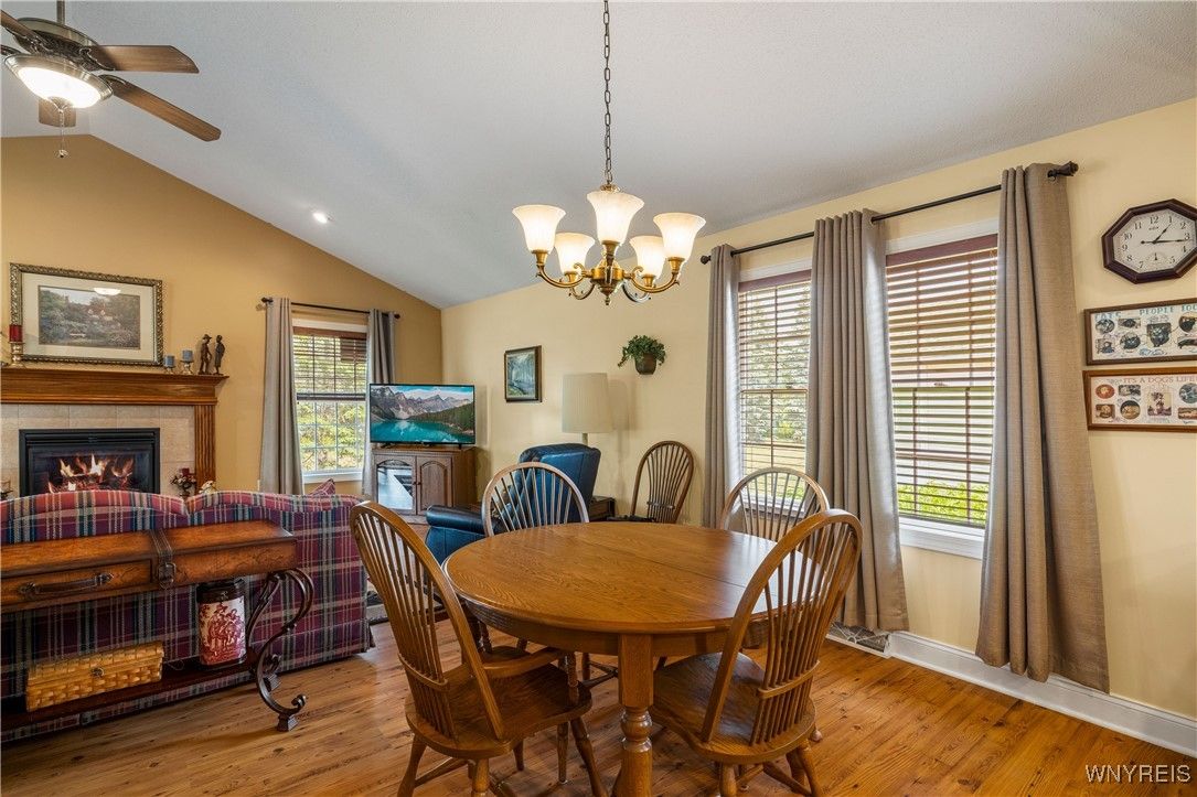 Chandelier, Dining room, Fireplace, Interior, Recessed Lighting, Wood Texture Flooring