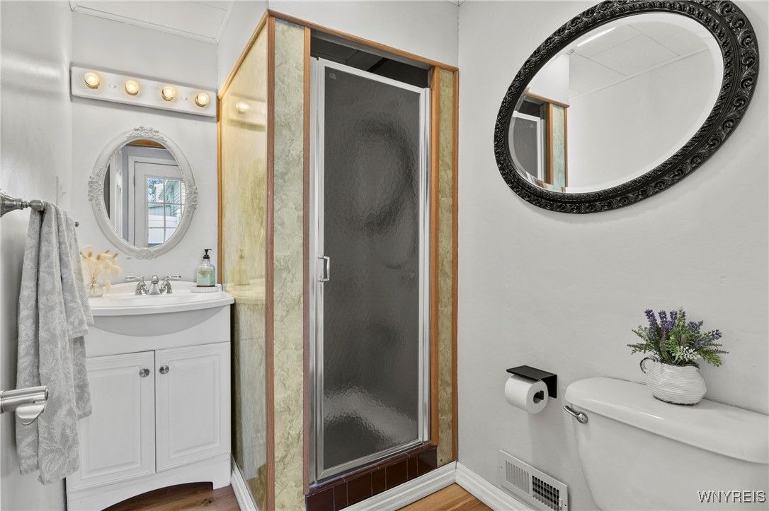 Bathroom, Glass Shower, Interior, Wood Texture Flooring