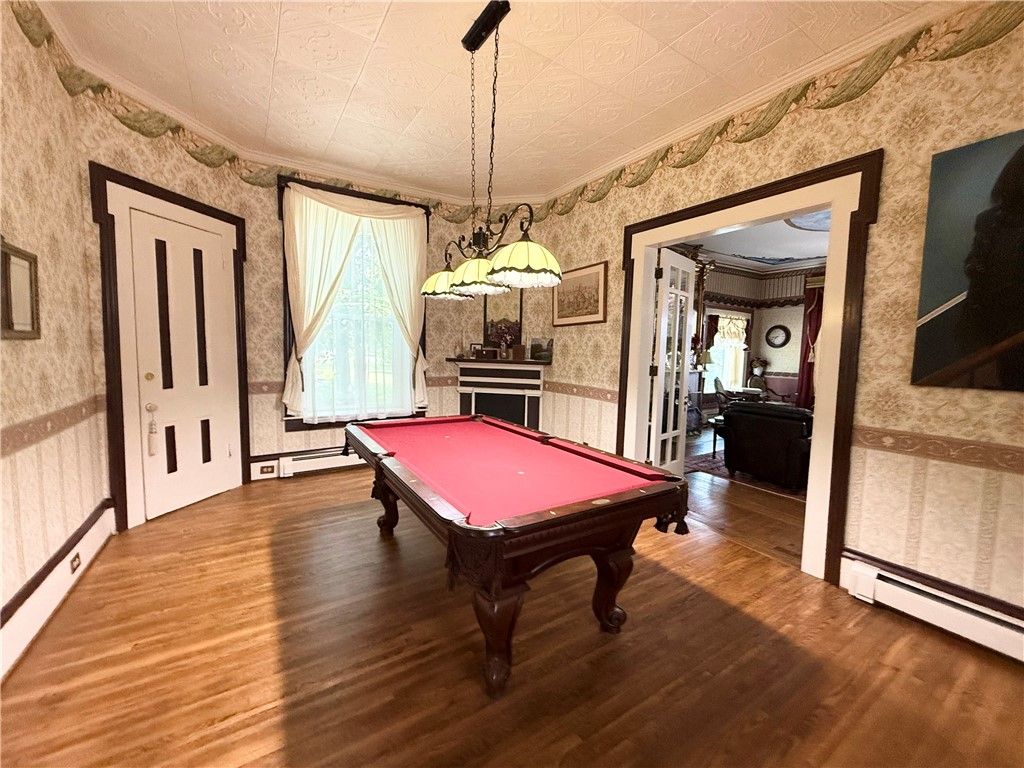 Billiard Table, Game Room, Interior, Pendant Lights, Wood Texture Flooring