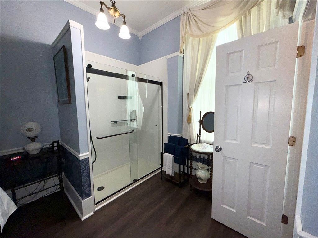 Bathroom, Glass Shower, Interior, Wood Texture Flooring