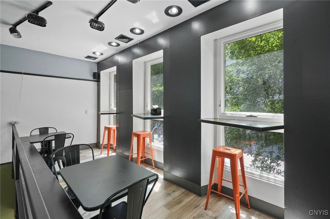Dining room, Interior, Recessed Lighting, Wood Texture Flooring