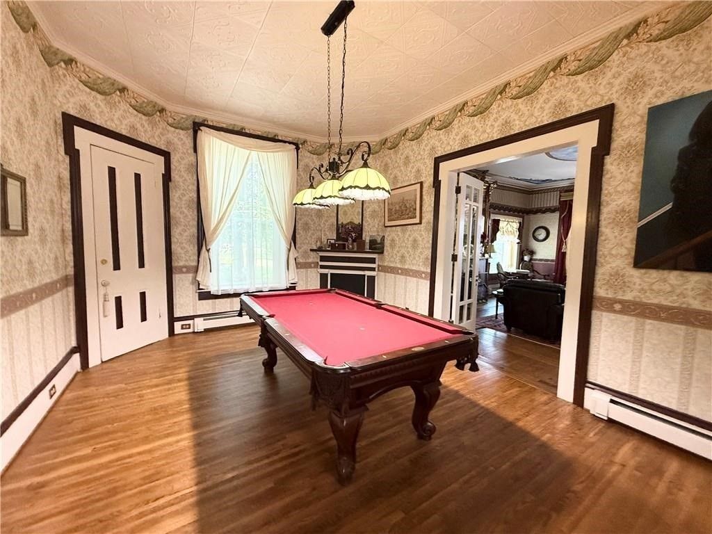 Billiard Table, Game Room, Interior, Pendant Lights, Wood Texture Flooring