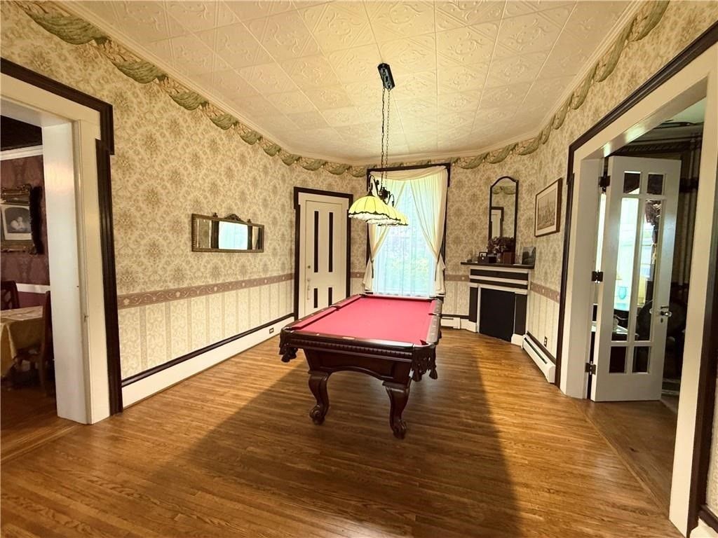 Billiard Table, Game Room, Interior, Pendant Lights, Stone Walls, Wood Texture Flooring