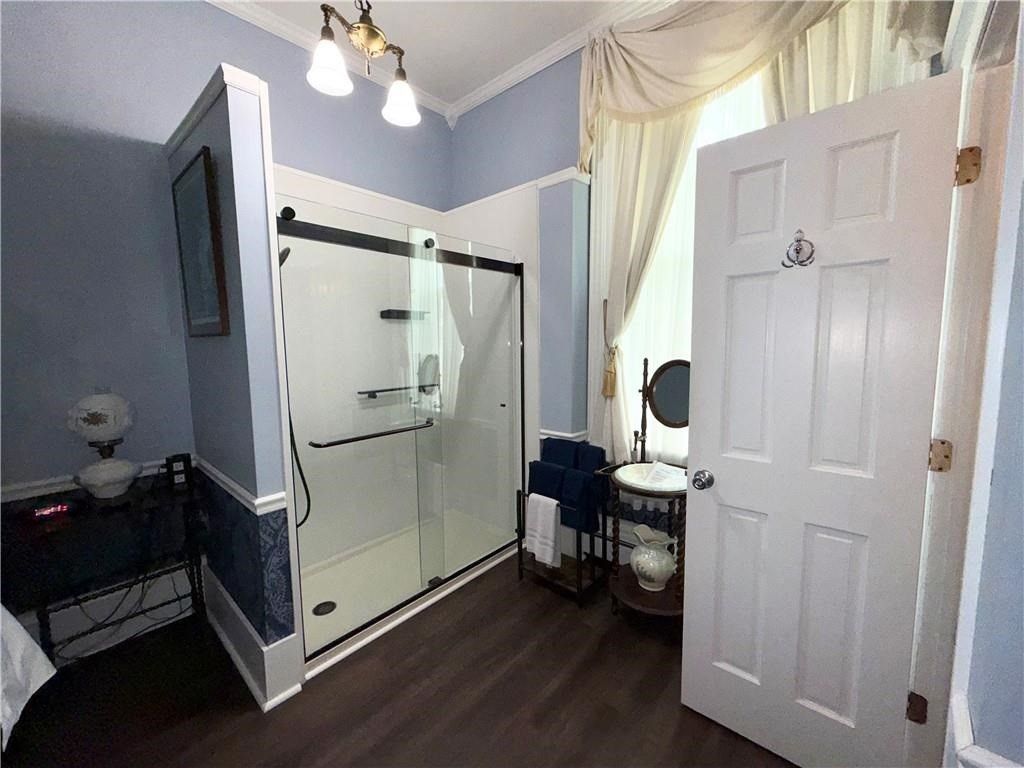 Bathroom, Glass Shower, Interior, Wood Texture Flooring