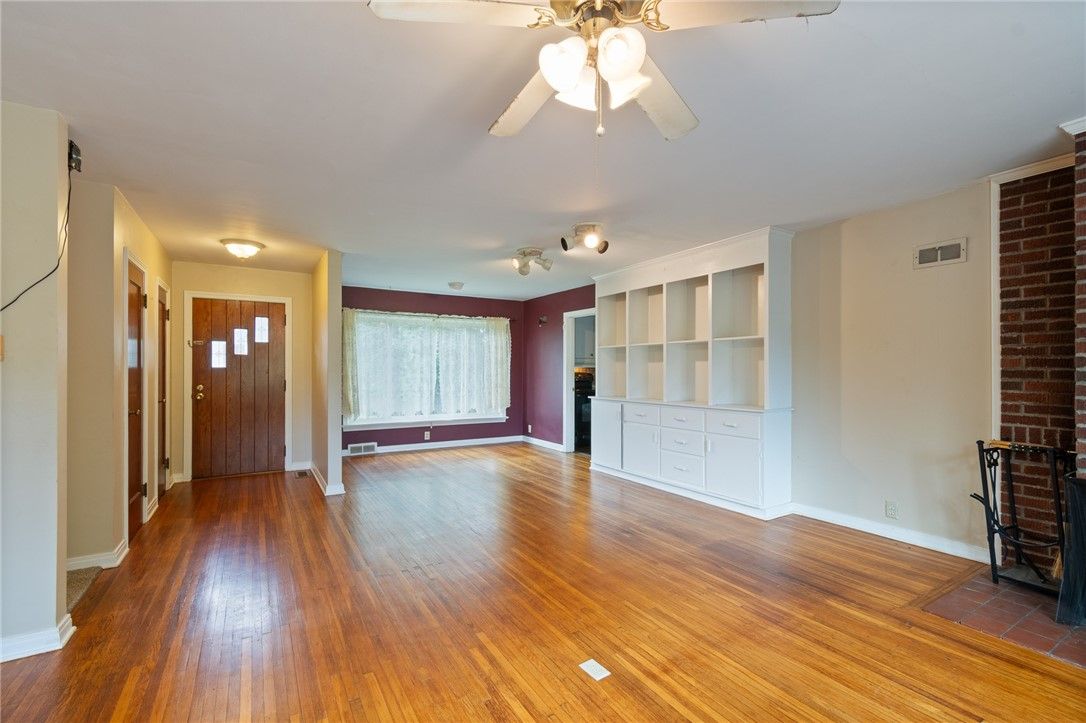 Empty room, Fireplace, Interior, Stone Walls, Wood Texture Flooring