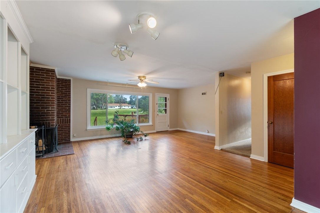 Empty room, Fireplace, Interior, Stone Walls, Wood Texture Flooring