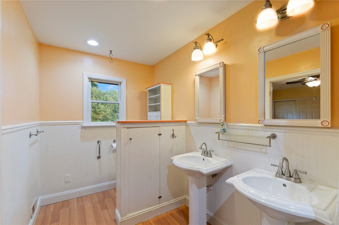 Bathroom, Dual Sink Vanities, Interior, Recessed Lighting, Wood Texture Flooring
