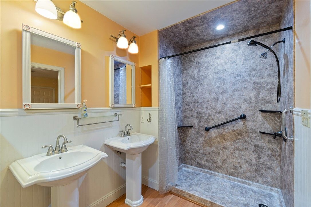Bathroom, Dual Sink Vanities, Interior, Recessed Lighting, Wood Texture Flooring