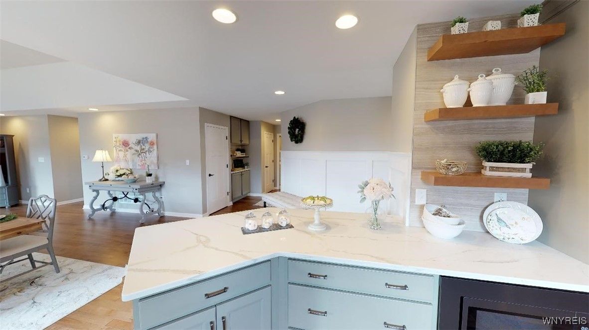 Dining room, Interior, Recessed Lighting, Wood Texture Flooring