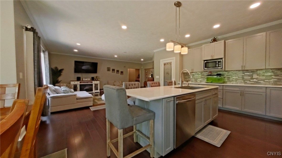 Interior, Kitchen, Living room, Pendant Lights, Recessed Lighting, Stainless Steel Appliances, Wood Texture Flooring