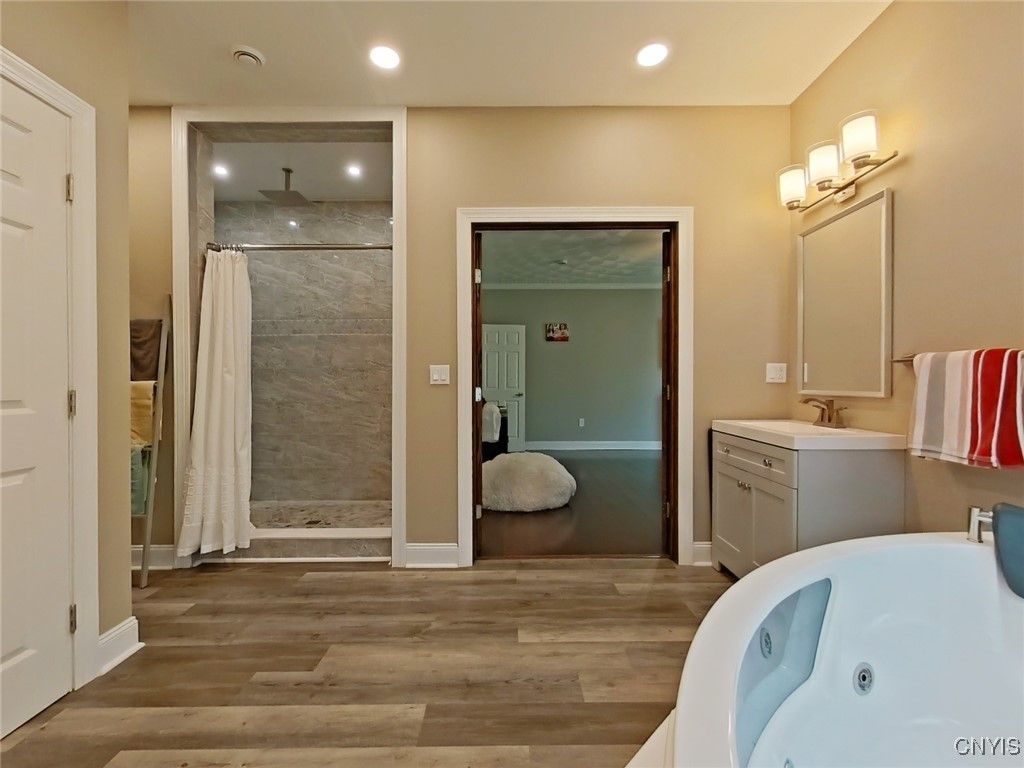 Bathroom, Glass Shower, Interior, Recessed Lighting, Wood Texture Flooring