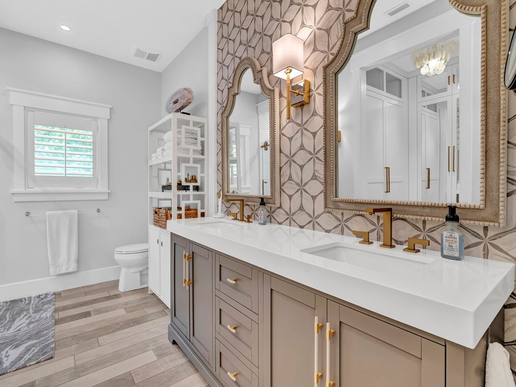 Bathroom, Dual Sink Vanities, Interior, Recessed Lighting, Wood Texture Flooring