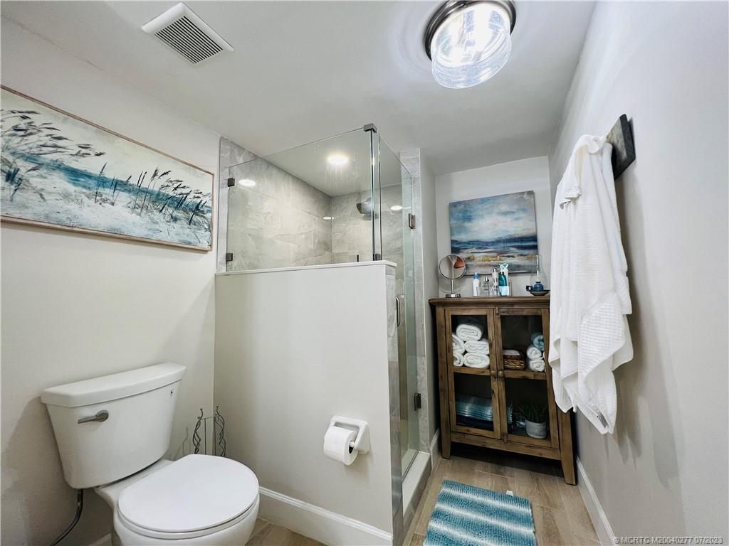 Bathroom, Glass Shower, Interior, Recessed Lighting, Wood Texture Flooring