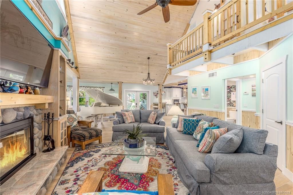 Fireplace, Interior, Living room, Pendant Lights, Piano, Wooden Ceilings, Wood Texture Flooring