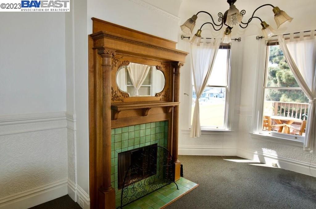 Chandelier, Fireplace, Interior