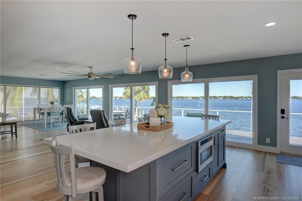 Dining room, Interior, Kitchen, Pendant Lights, Recessed Lighting, Water, Wood Texture Flooring