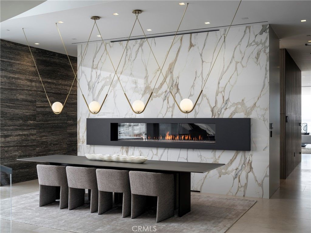 Fireplace, Interior, Marble Walls, Pendant Lights, Recessed Lighting