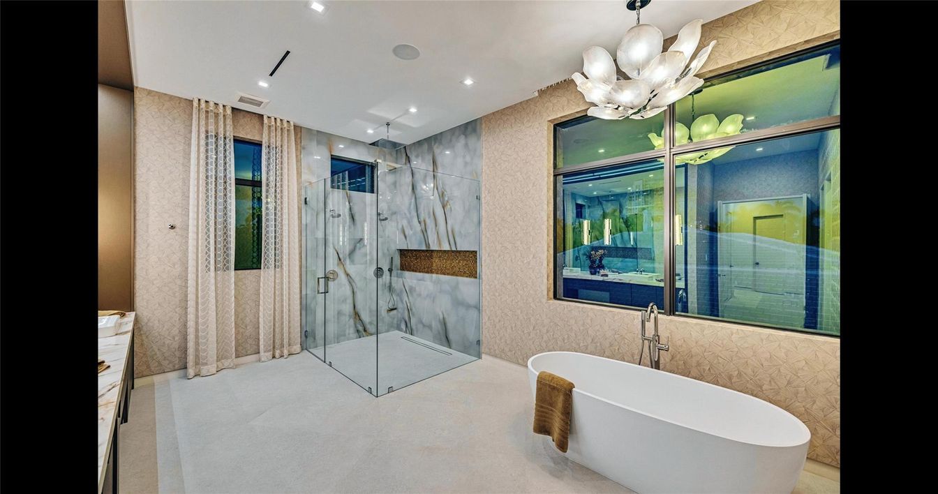 Bathroom, Free Standing Baths, Glass Shower, Interior, Marble Walls, Recessed Lighting