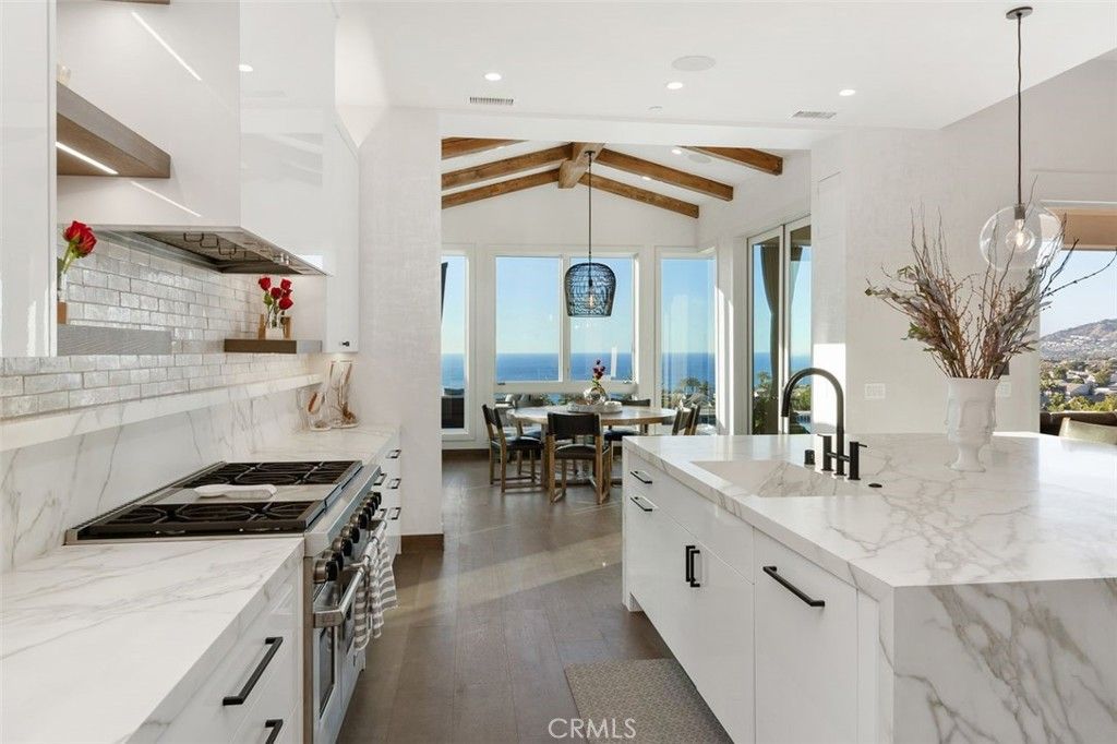 Dining room, Interior, Kitchen, Pendant Lights, Recessed Lighting, Water, Wooden Beams, Wood Texture Flooring