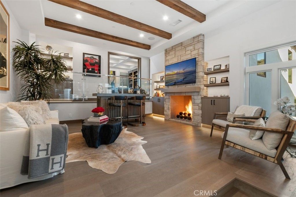 Fireplace, Interior, Living room, Recessed Lighting, Stone Walls, Wooden Beams, Wood Texture Flooring