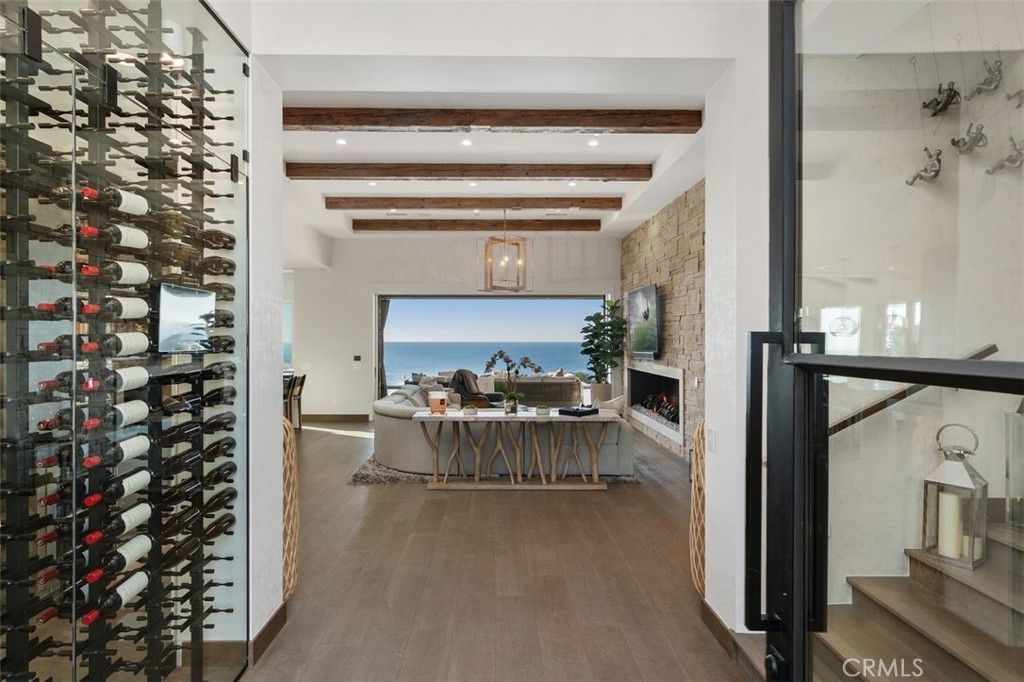 Fireplace, Interior, Recessed Lighting, Stone Walls, Water, Wine Storage, Wooden Beams, Wood Texture Flooring
