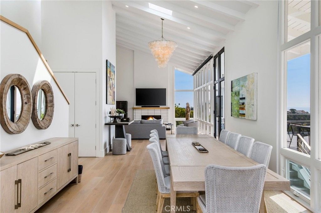 Chandelier, Dining room, Fireplace, Interior, Living room, Recessed Lighting, Wood Texture Flooring