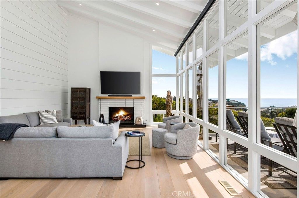 Fireplace, Interior, Living room, Recessed Lighting, Water, Wood Texture Flooring