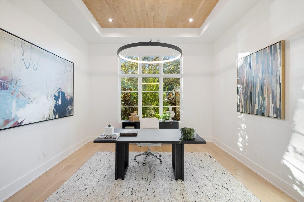 Home Office, Interior, Pendant Lights, Recessed Lighting, Wooden Ceilings, Wood Texture Flooring