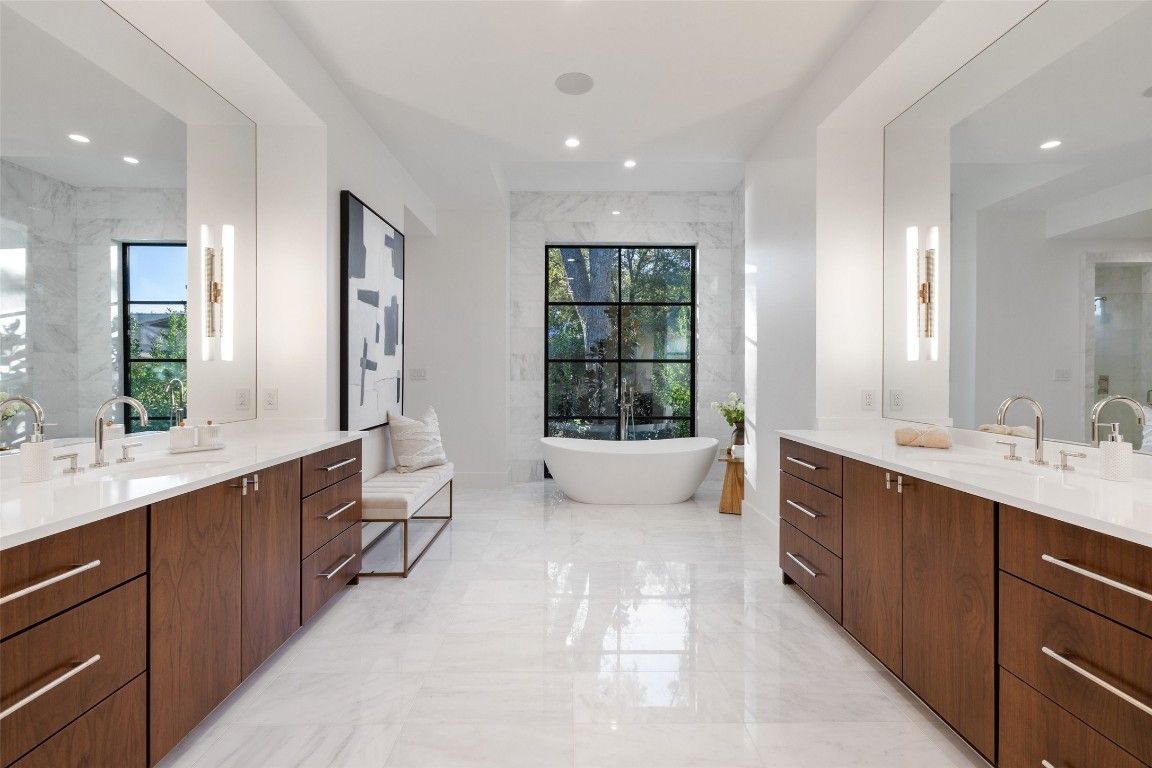 Bathroom, Dual Sink Vanities, Free Standing Baths, Interior, Marble, Marble Walls, Recessed Lighting