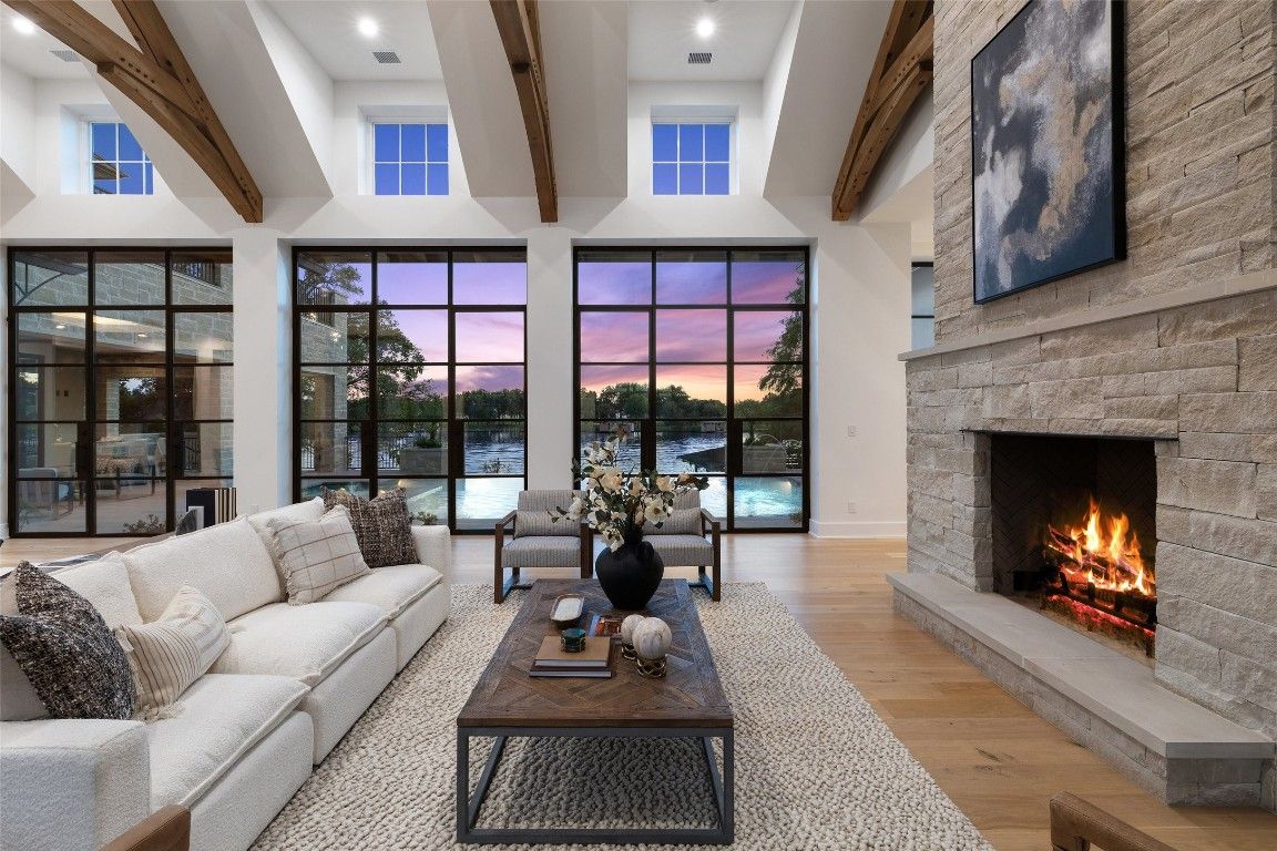 Fireplace, Interior, Living room, Recessed Lighting, Stone Walls, Wooden Beams, Wood Texture Flooring