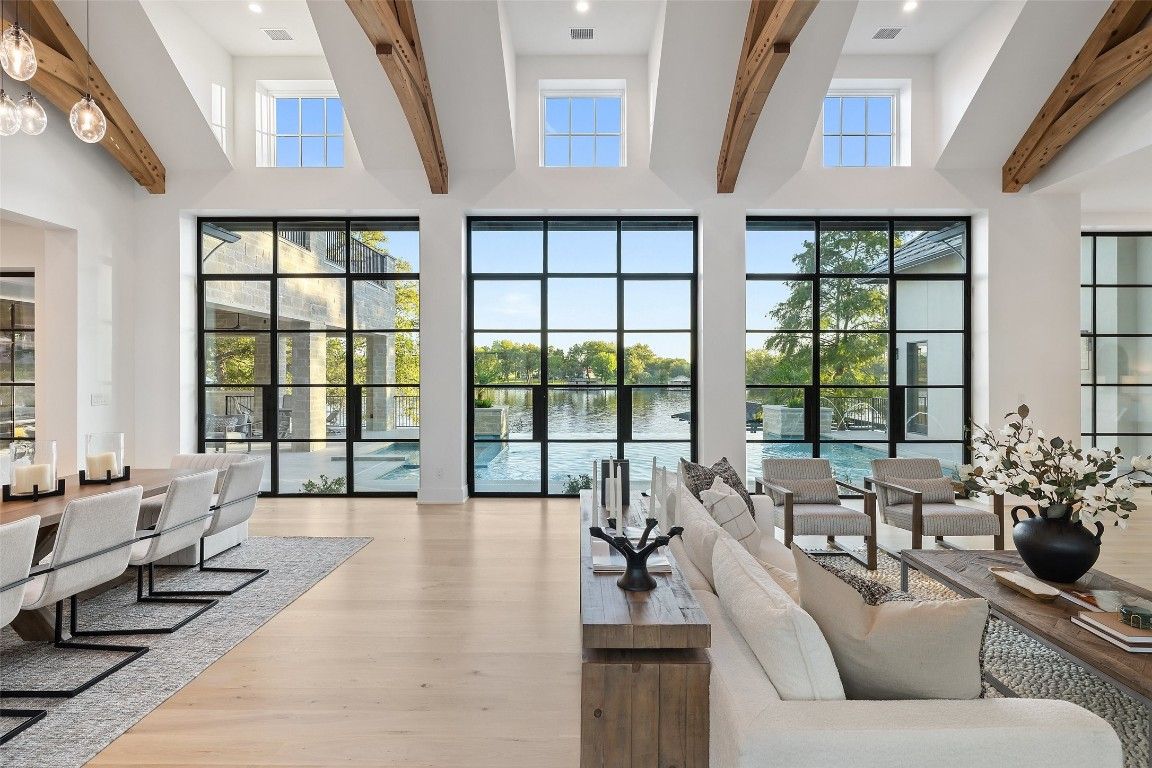 Interior, Living room, Pendant Lights, Recessed Lighting, Water, Wooden Beams, Wood Texture Flooring