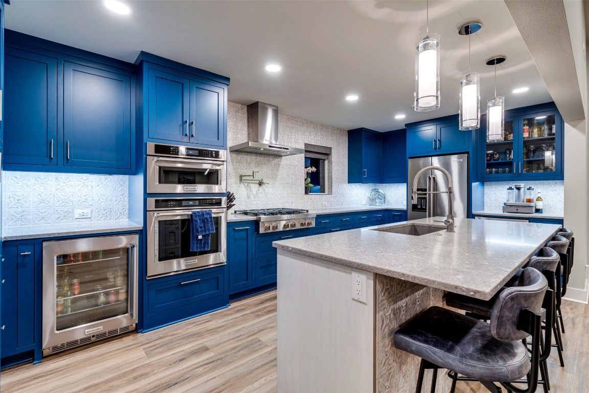 Interior, Kitchen, Pendant Lights, Recessed Lighting, Stainless Steel Appliances, Wood Texture Flooring