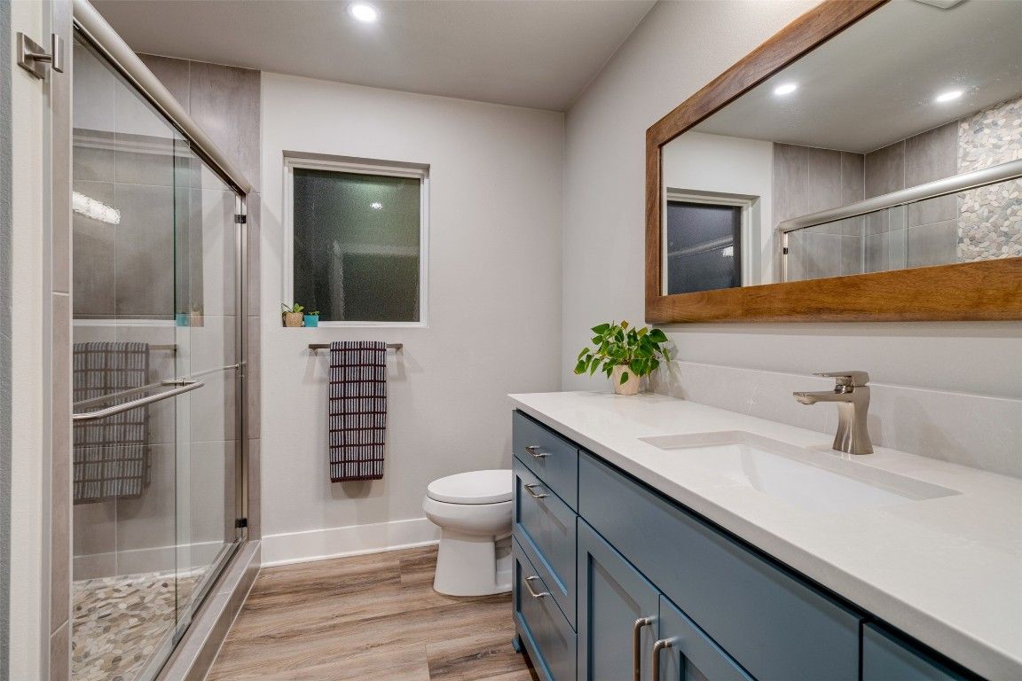 Bathroom, Glass Shower, Interior, Recessed Lighting, Wood Texture Flooring