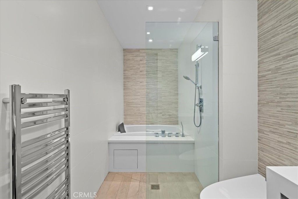 Bathroom, Glass Shower, Interior, Recessed Lighting, Wood Texture Flooring