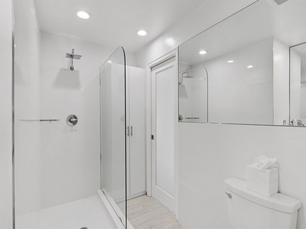 Bathroom, Glass Shower, Interior, Recessed Lighting, Wood Texture Flooring