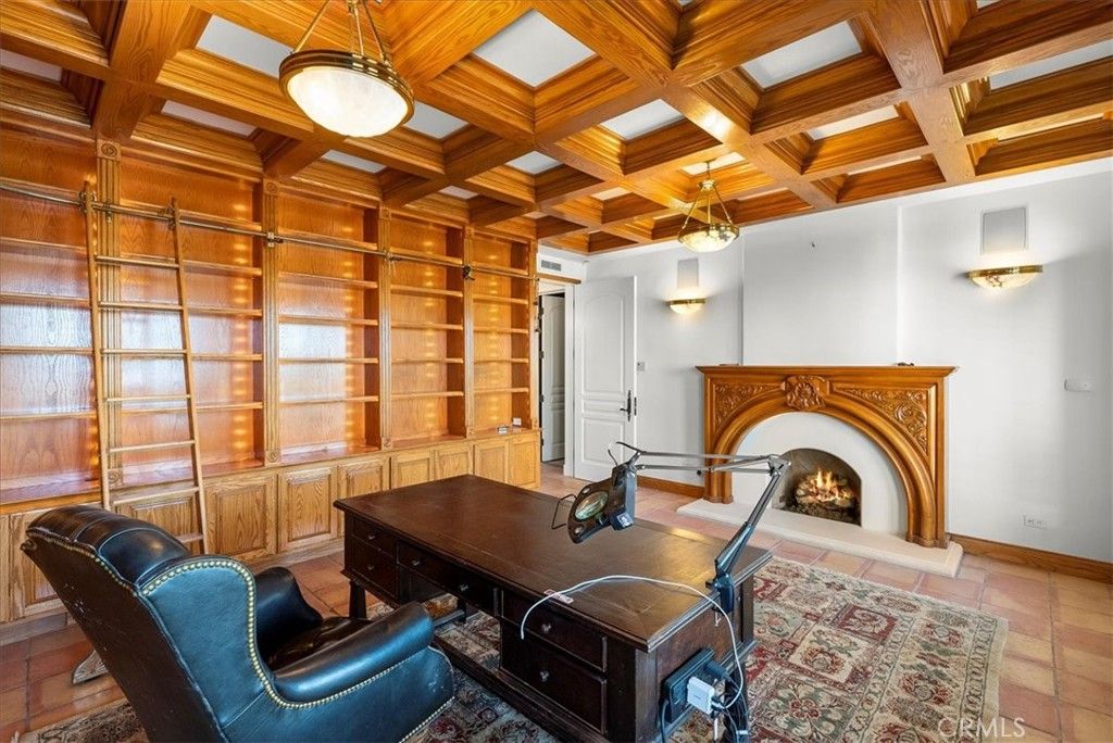 Fireplace, Home Office, Interior, Pendant Lights, Wooden Beams, Wooden Ceilings, Wooden Walls