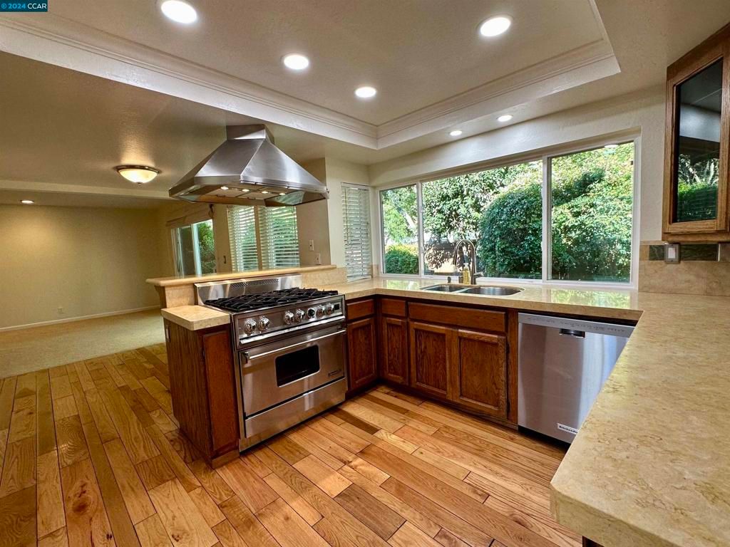 Interior, Kitchen, Recessed Lighting, Stainless Steel Appliances, Wood Texture Flooring