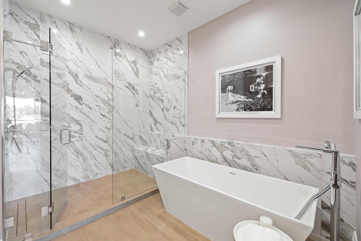 Bathroom, Free Standing Baths, Glass Shower, Interior, Marble Walls, Recessed Lighting