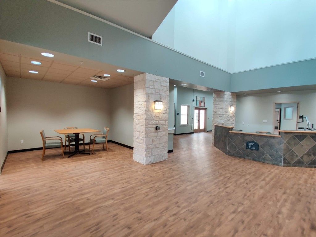Dining room, Interior, Recessed Lighting, Stone Walls, Wood Texture Flooring