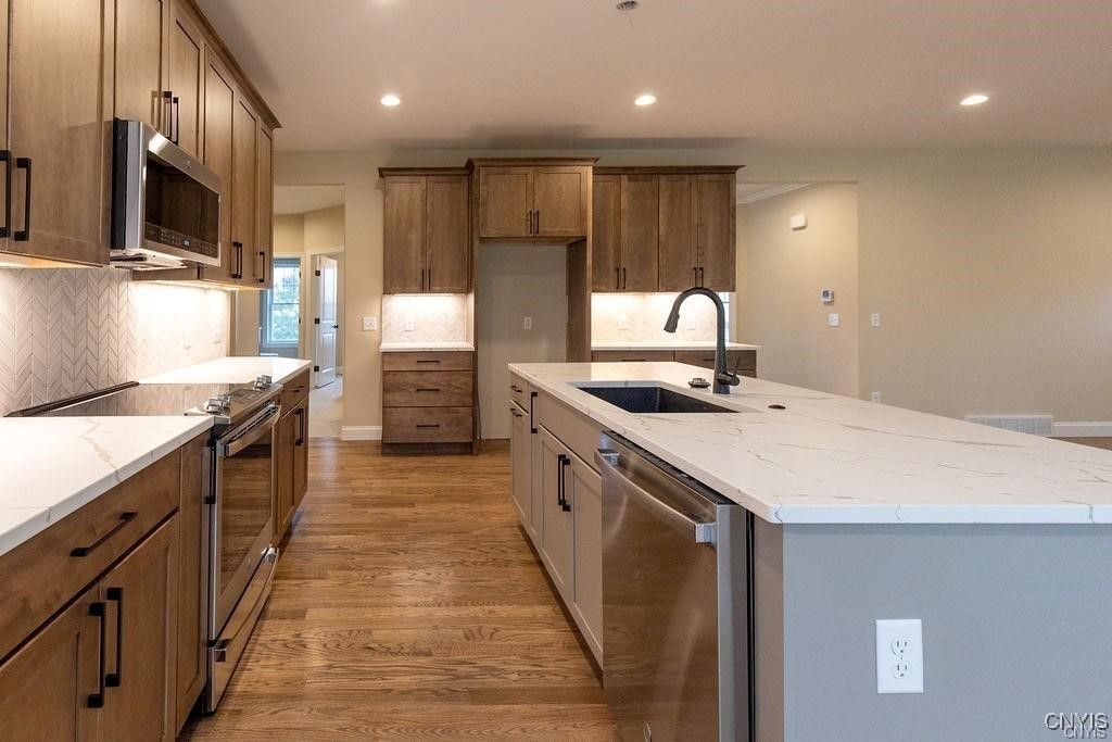 Interior, Kitchen, Recessed Lighting, Stainless Steel Appliances, Wood Texture Flooring