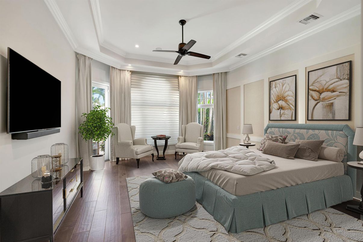Bedroom, Interior, Living room, Recessed Lighting, Wood Texture Flooring