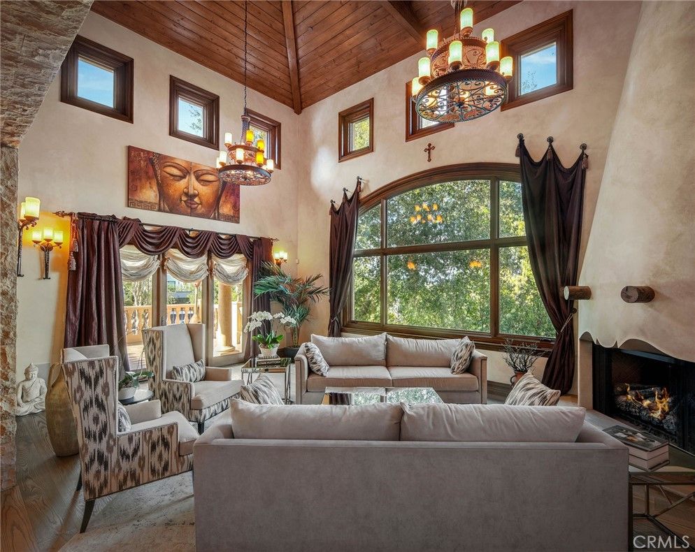 Chandelier, Fireplace, Interior, Living room, Wooden Ceilings