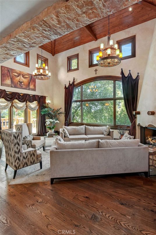 Chandelier, Fireplace, Interior, Living room, Recessed Lighting, Wooden Beams, Wood Texture Flooring