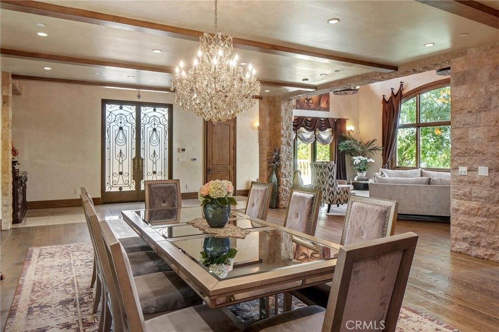 Chandelier, Dining room, Interior, Living room, Recessed Lighting, Wooden Beams, Wood Texture Flooring
