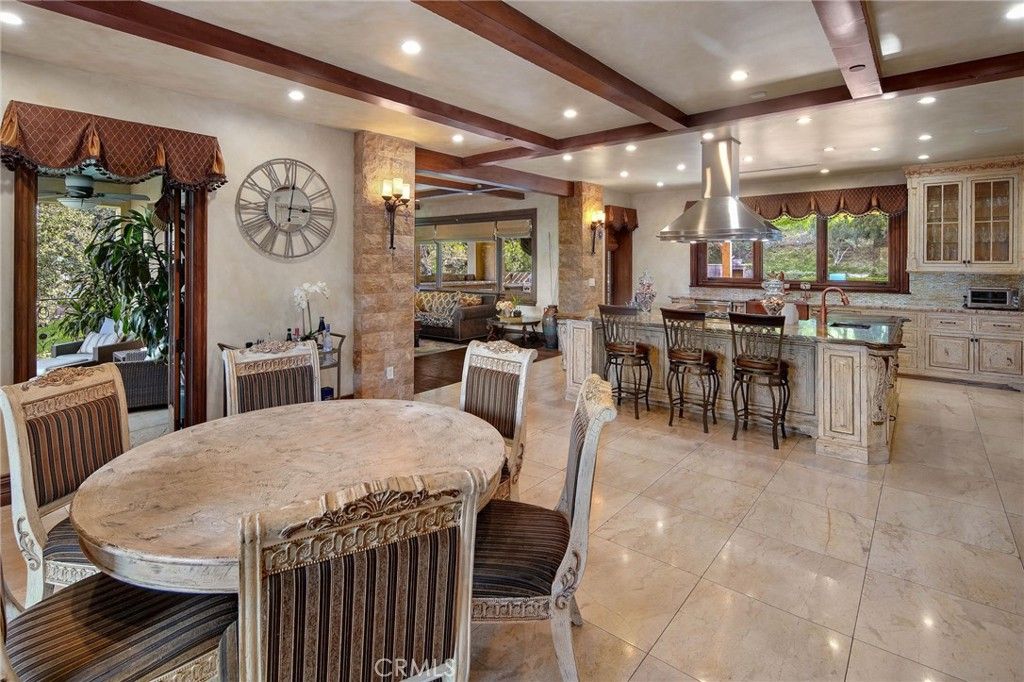 Dining room, Interior, Kitchen, Recessed Lighting, Stainless Steel Appliances, Wooden Beams
