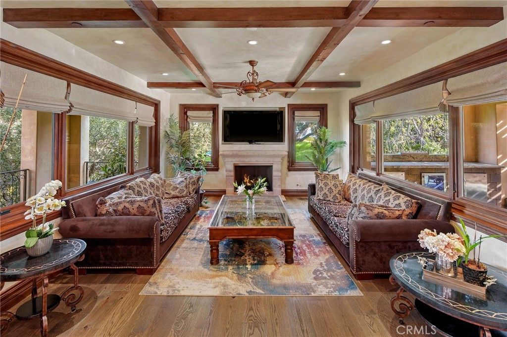 Fireplace, Interior, Living room, Recessed Lighting, Wooden Beams, Wood Texture Flooring